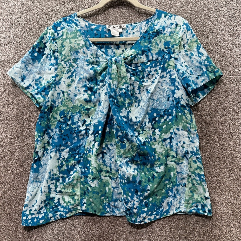 WinterSilks Blouse Top Women Large 100% Silk Abstract Watercolor Twist V Neck